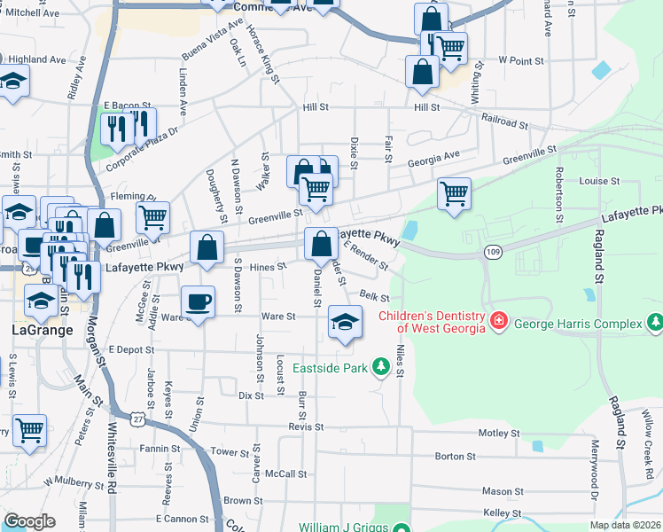 map of restaurants, bars, coffee shops, grocery stores, and more near 808 Hines Street in LaGrange