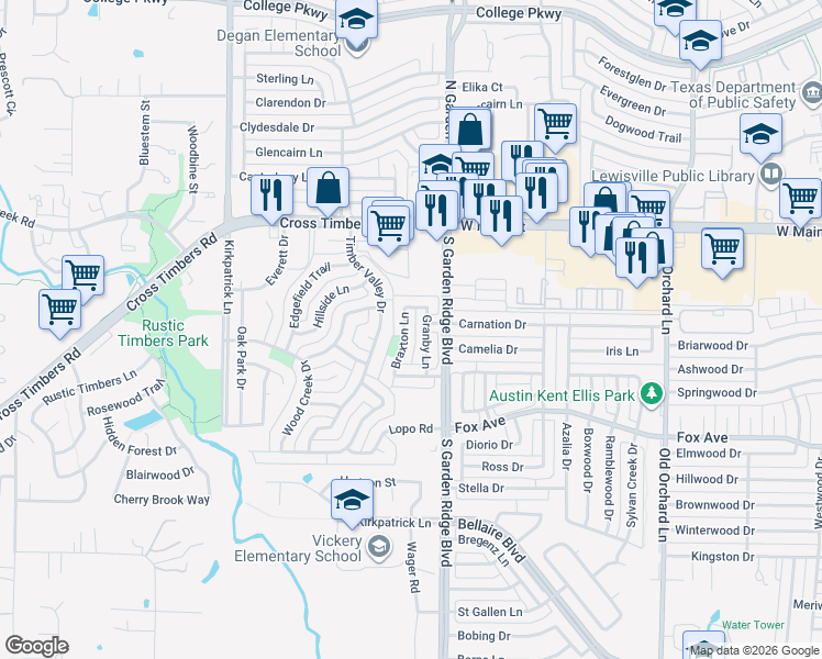 map of restaurants, bars, coffee shops, grocery stores, and more near 3921 Braxton Lane in Flower Mound