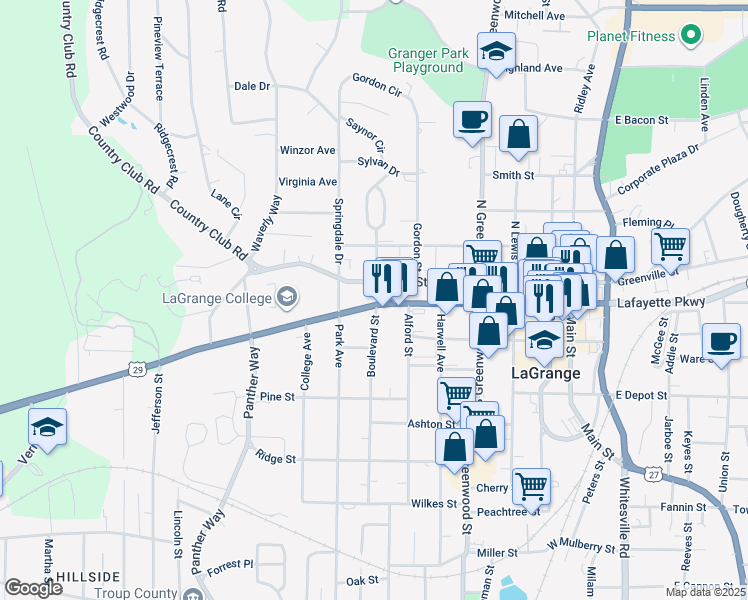 map of restaurants, bars, coffee shops, grocery stores, and more near 600 Vernon Street in LaGrange