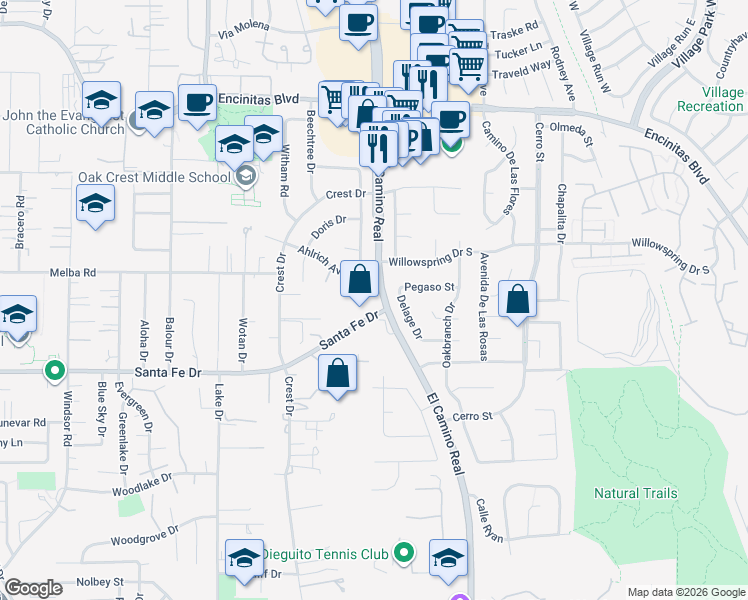 map of restaurants, bars, coffee shops, grocery stores, and more near 480 South El Camino Real in Encinitas