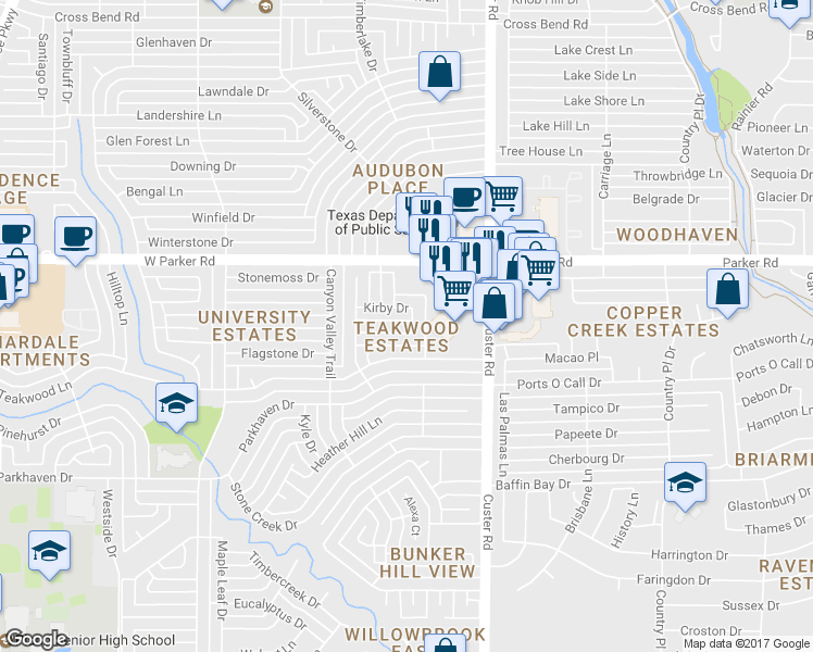 map of restaurants, bars, coffee shops, grocery stores, and more near 2205 Vickers Drive in Plano