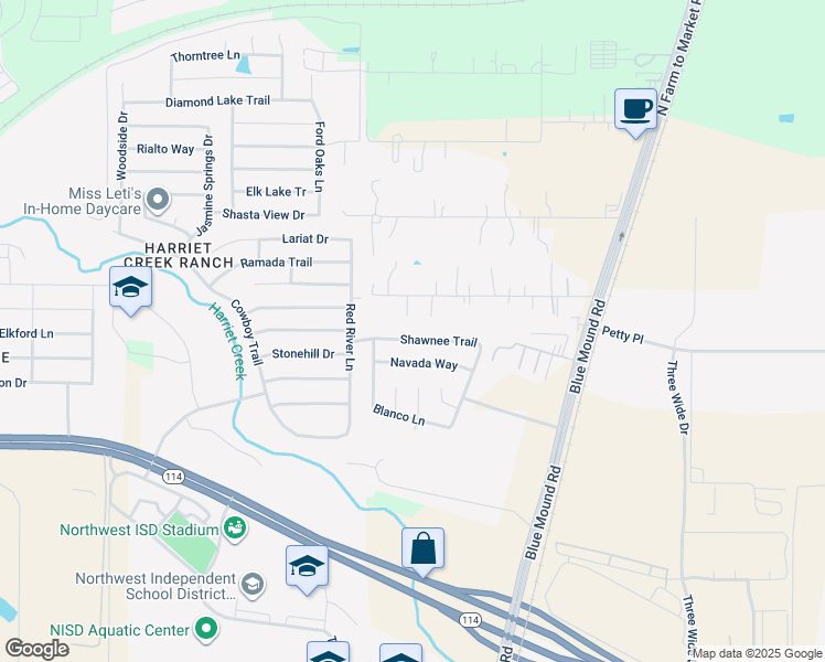 map of restaurants, bars, coffee shops, grocery stores, and more near 2037 Shawnee Trail in Justin