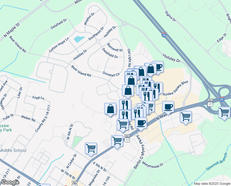 map of restaurants, bars, coffee shops, grocery stores, and more near 1001 Bear Island Road in Summerville