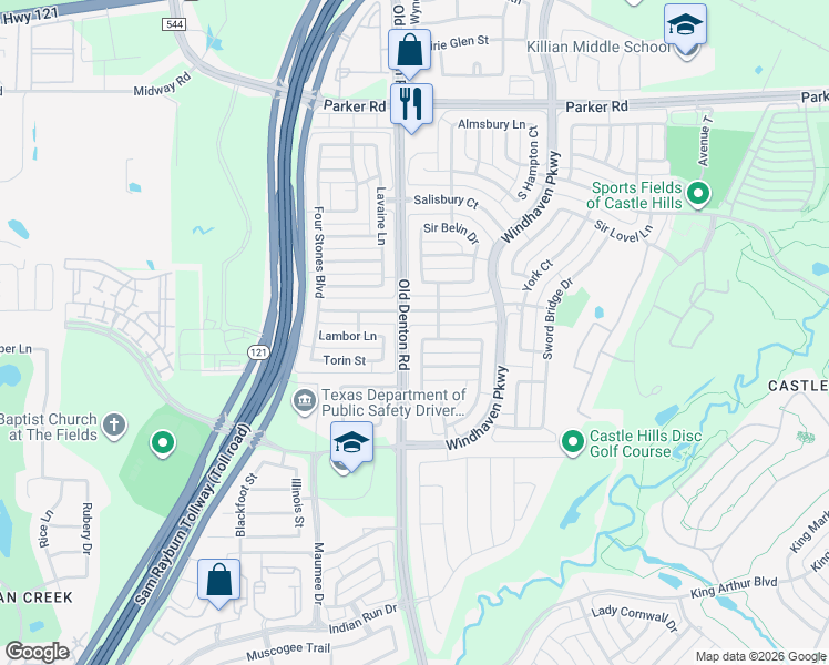 map of restaurants, bars, coffee shops, grocery stores, and more near 2202 Landoine Lane in Lewisville