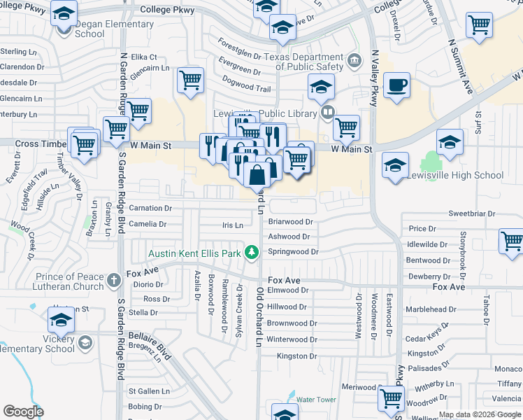 map of restaurants, bars, coffee shops, grocery stores, and more near 837 South Old Orchard Lane in Lewisville