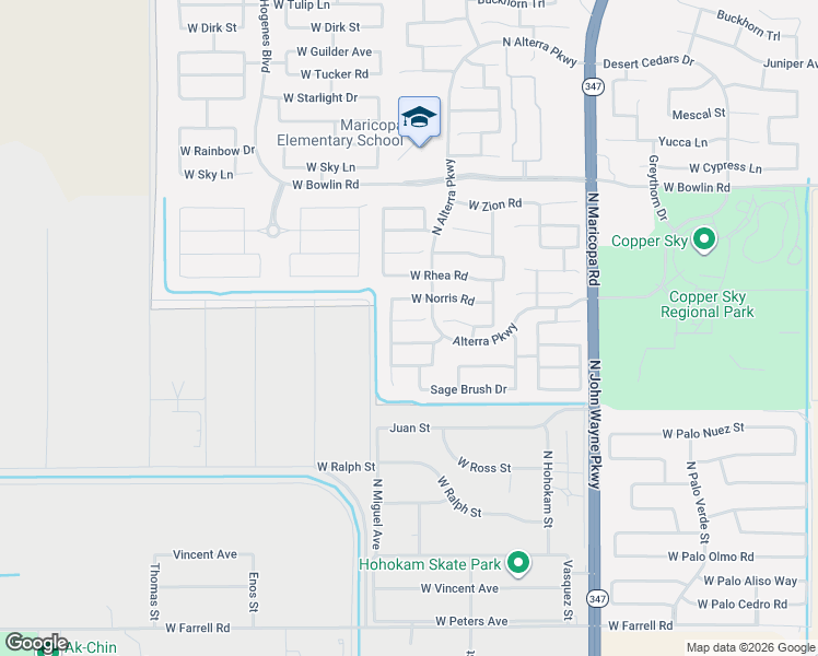 map of restaurants, bars, coffee shops, grocery stores, and more near 45373 West Desert Garden Road in Maricopa