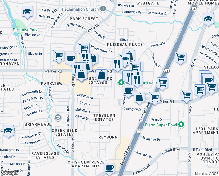 map of restaurants, bars, coffee shops, grocery stores, and more near 3113 Verbena Drive in Plano