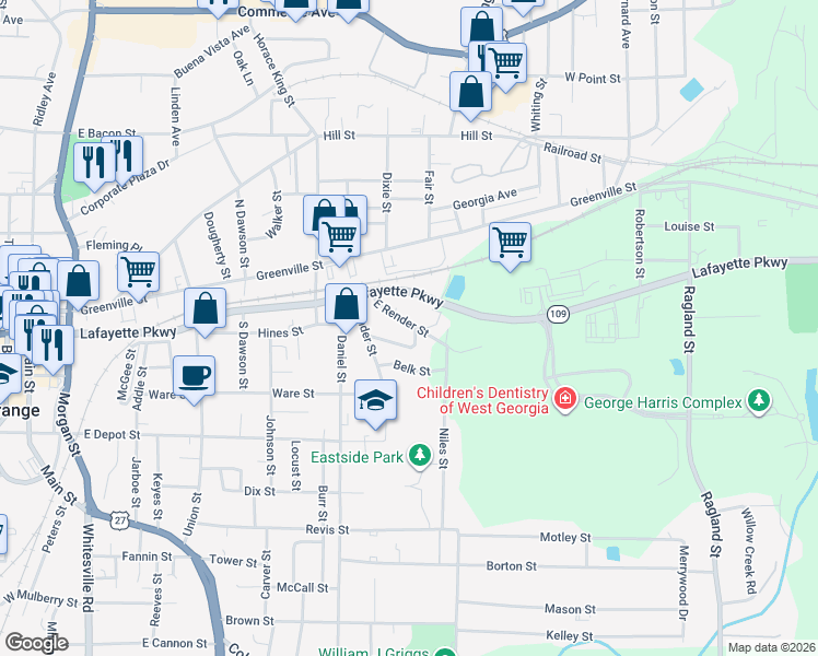 map of restaurants, bars, coffee shops, grocery stores, and more near 218 East Render Street in LaGrange