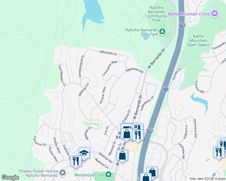 map of restaurants, bars, coffee shops, grocery stores, and more near 17803 Aguamiel Road in San Diego