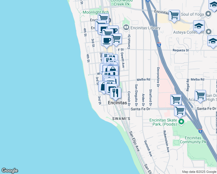 map of restaurants, bars, coffee shops, grocery stores, and more near 1012 2nd Street in Encinitas