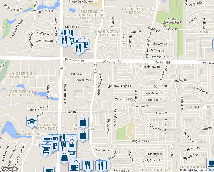map of restaurants, bars, coffee shops, grocery stores, and more near 4613 Meadow Ridge Drive in Plano