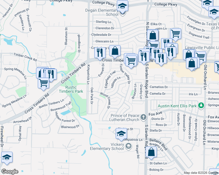 map of restaurants, bars, coffee shops, grocery stores, and more near 921 Hillside Lane in Flower Mound