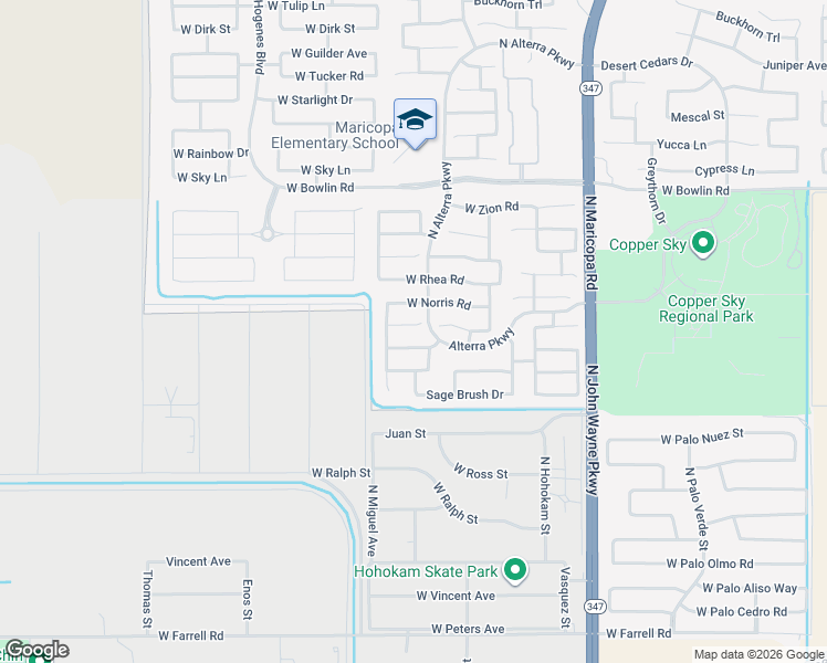 map of restaurants, bars, coffee shops, grocery stores, and more near 45331 West Desert Garden Road in Maricopa