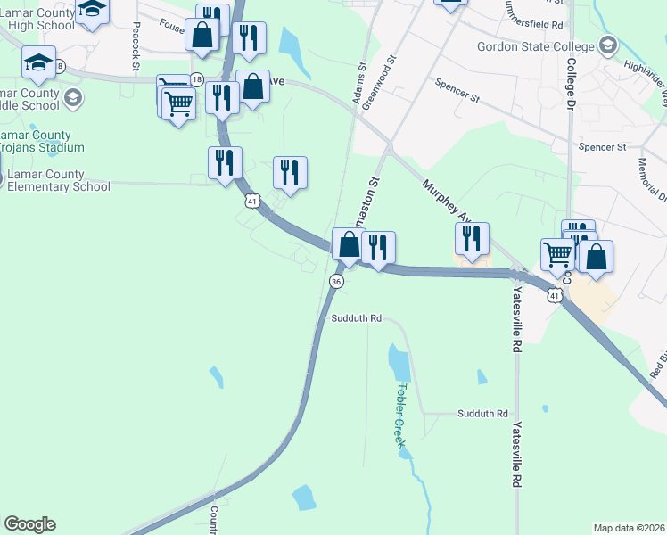 map of restaurants, bars, coffee shops, grocery stores, and more near 361 Georgia 36 in Barnesville