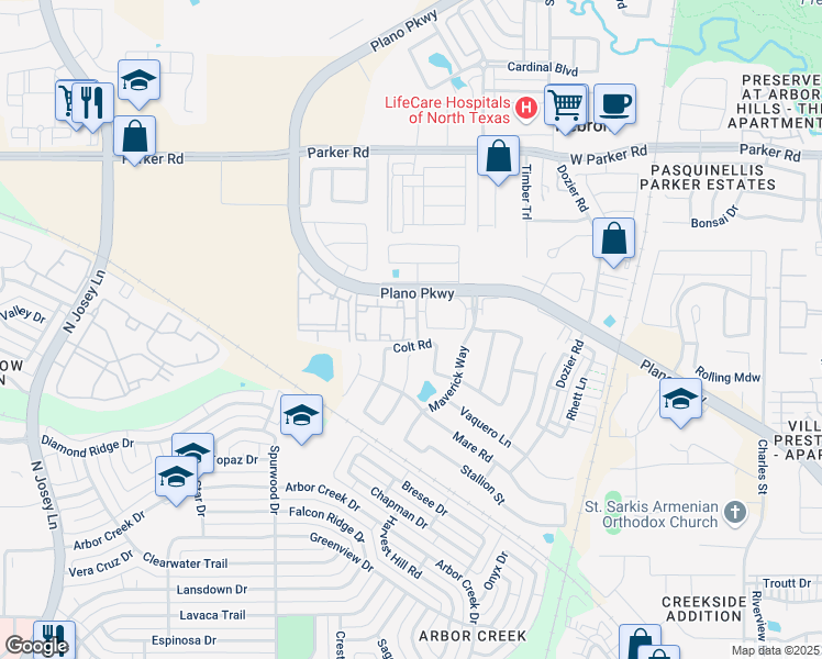 map of restaurants, bars, coffee shops, grocery stores, and more near 4689 Mustang Parkway in Carrollton