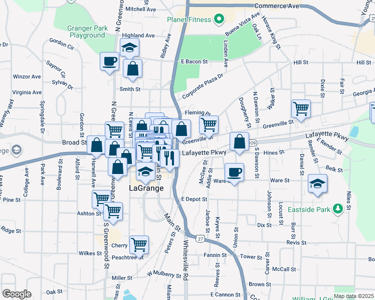 map of restaurants, bars, coffee shops, grocery stores, and more near 206 Greenville Street in LaGrange