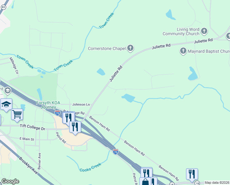 map of restaurants, bars, coffee shops, grocery stores, and more near 111 Conifer Drive in Forsyth