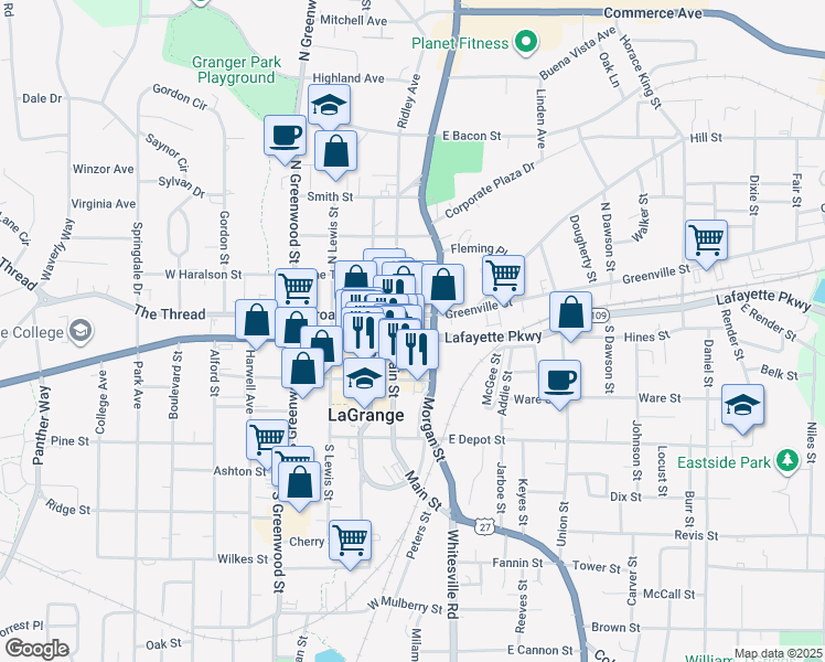 map of restaurants, bars, coffee shops, grocery stores, and more near 109 Hines Street in LaGrange