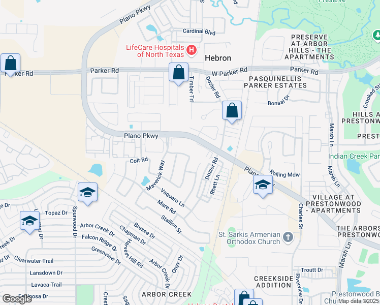 map of restaurants, bars, coffee shops, grocery stores, and more near 2317 Bronco Boulevard in Carrollton