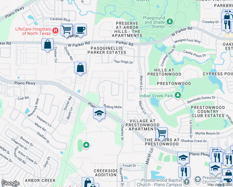 map of restaurants, bars, coffee shops, grocery stores, and more near 4609 Gentle Glen Drive in Carrollton