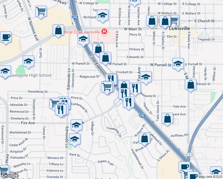 map of restaurants, bars, coffee shops, grocery stores, and more near 699 South Stemmons Freeway in Lewisville