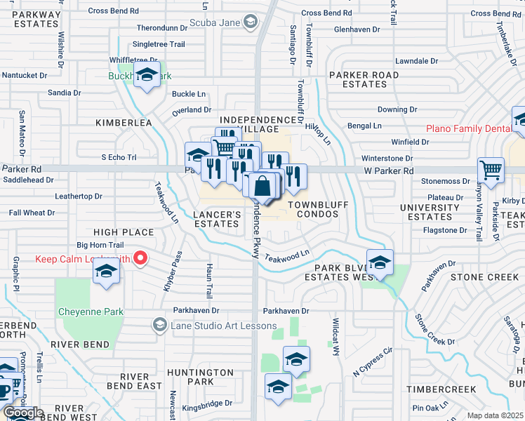 map of restaurants, bars, coffee shops, grocery stores, and more near 216 Independence Parkway in Plano