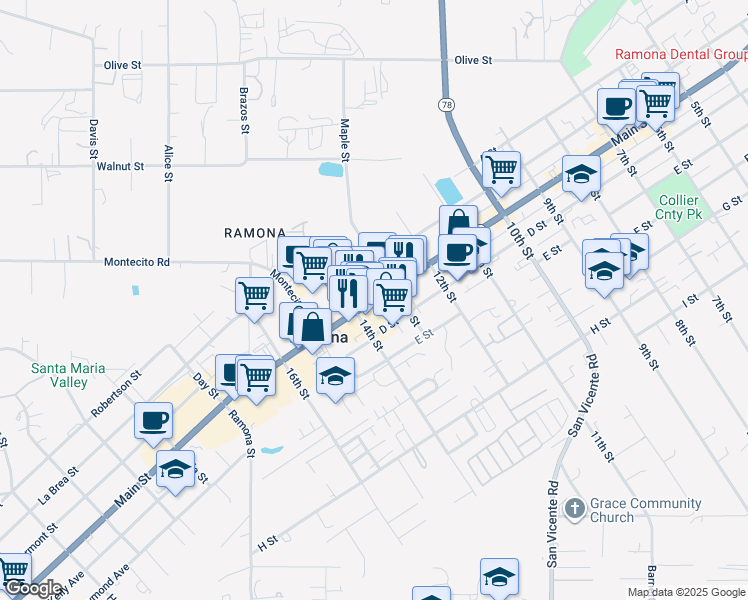 map of restaurants, bars, coffee shops, grocery stores, and more near 1275 Main Street in Ramona