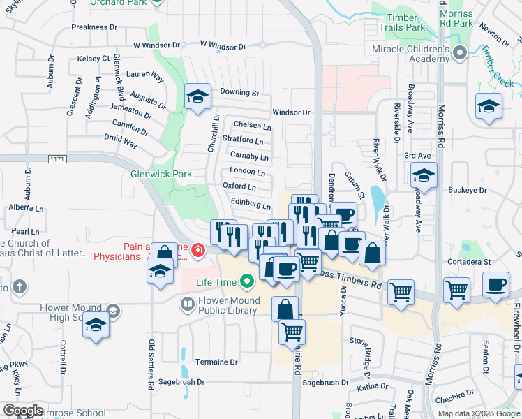 map of restaurants, bars, coffee shops, grocery stores, and more near 2809 Edinburg Lane in Flower Mound