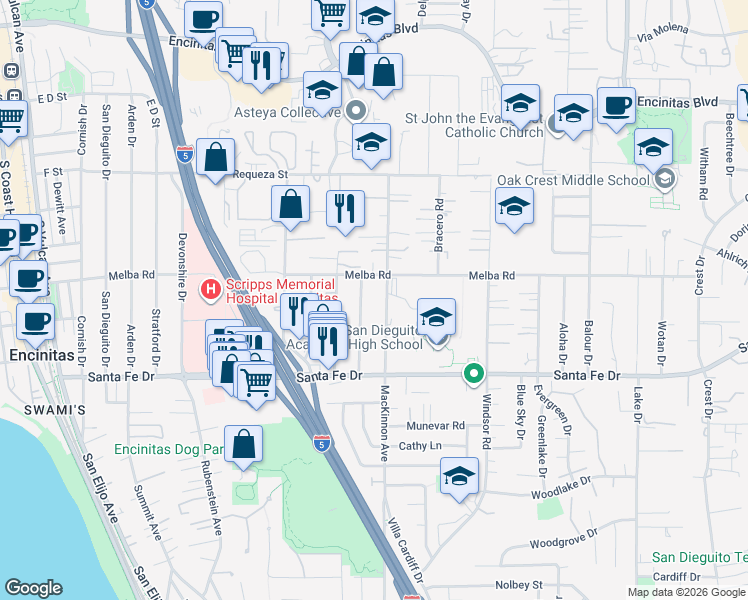map of restaurants, bars, coffee shops, grocery stores, and more near 1025 Arcadia Road in Encinitas