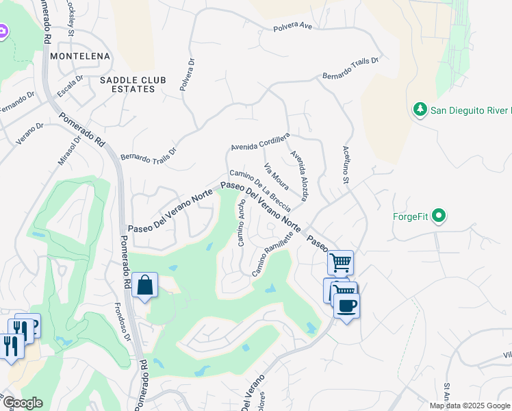 map of restaurants, bars, coffee shops, grocery stores, and more near 17670 Plaza Acosta in San Diego