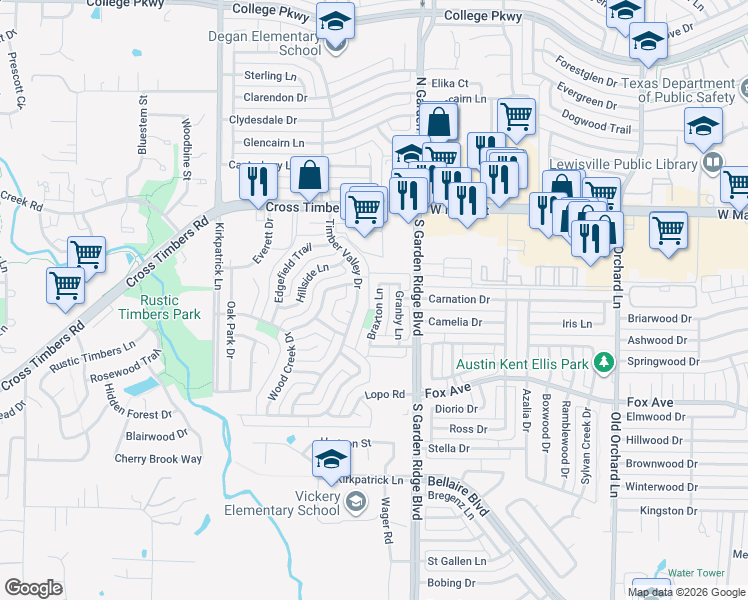 map of restaurants, bars, coffee shops, grocery stores, and more near 3921 Braxton Lane in Flower Mound
