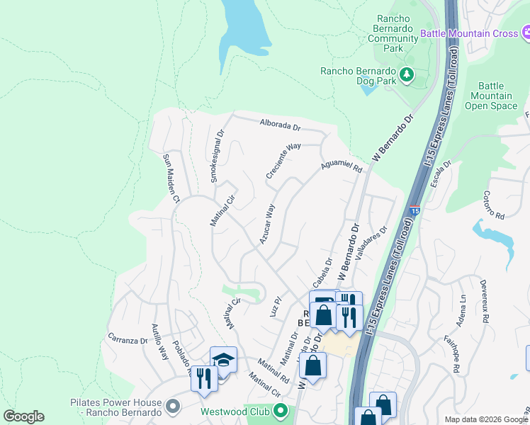 map of restaurants, bars, coffee shops, grocery stores, and more near 17782 Azucar Way in San Diego