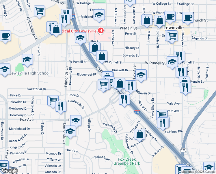 map of restaurants, bars, coffee shops, grocery stores, and more near 699 South Stemmons Freeway in Lewisville