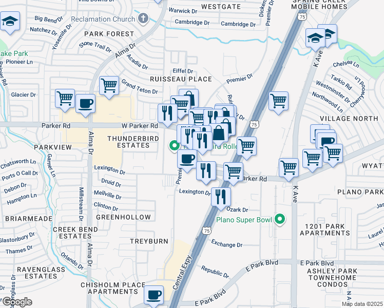 map of restaurants, bars, coffee shops, grocery stores, and more near 150 W Parker Rd in Plano