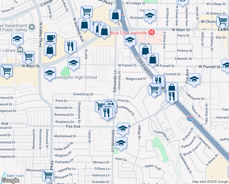 map of restaurants, bars, coffee shops, grocery stores, and more near 768 South Edmonds Lane in Lewisville