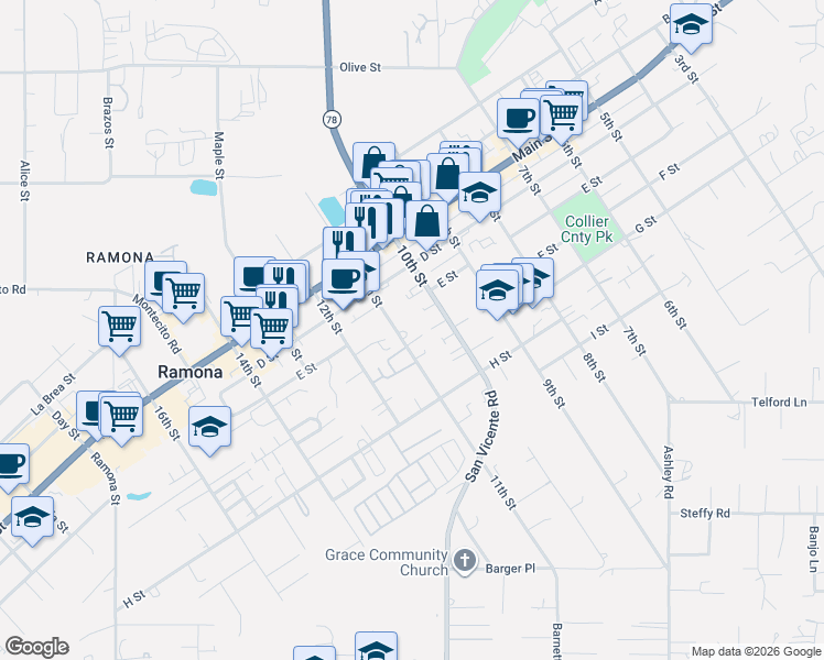 map of restaurants, bars, coffee shops, grocery stores, and more near 530 11th Street in Ramona