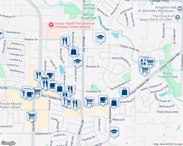 map of restaurants, bars, coffee shops, grocery stores, and more near 3909 White Oak Court in Flower Mound