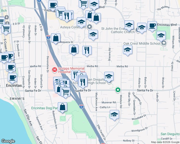 map of restaurants, bars, coffee shops, grocery stores, and more near 1044 Arcadia Road in Encinitas