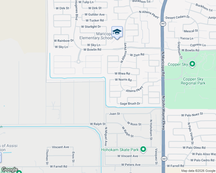 map of restaurants, bars, coffee shops, grocery stores, and more near 17574 North Carmen Avenue in Maricopa