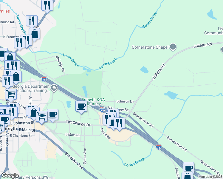 map of restaurants, bars, coffee shops, grocery stores, and more near 460 Johnson Lane in Forsyth