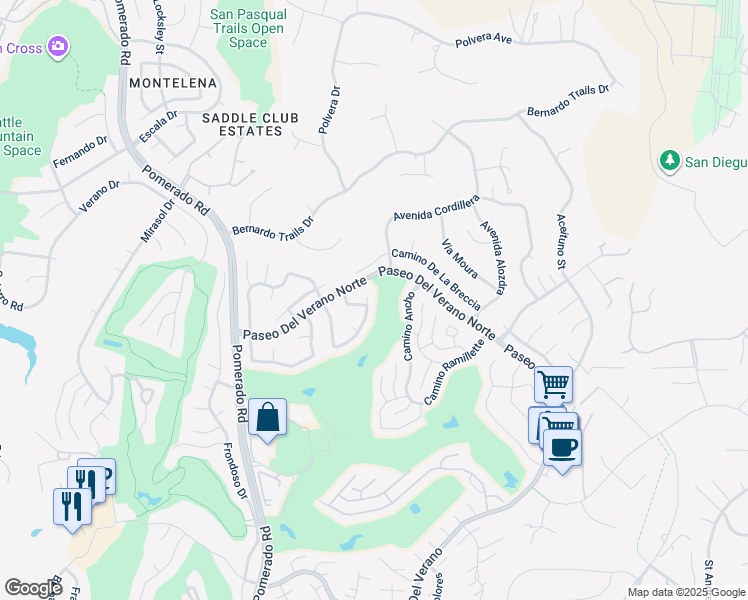 map of restaurants, bars, coffee shops, grocery stores, and more near 12977 Camino Emparrado in San Diego