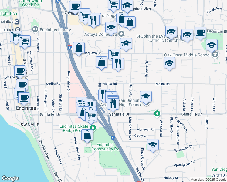 map of restaurants, bars, coffee shops, grocery stores, and more near 1045 Gardena Road in Encinitas