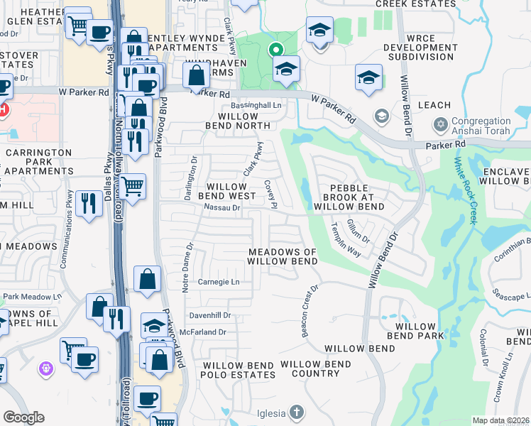 map of restaurants, bars, coffee shops, grocery stores, and more near 2725 Chambers Lane in Plano