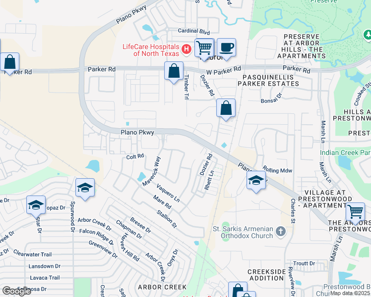 map of restaurants, bars, coffee shops, grocery stores, and more near 2317 Bronco Boulevard in Carrollton