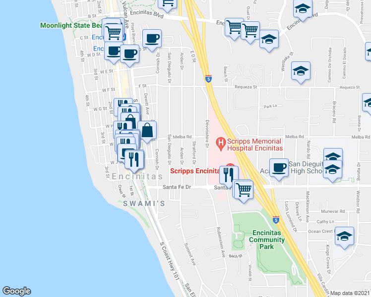 map of restaurants, bars, coffee shops, grocery stores, and more near 1051 Arden Drive in Encinitas