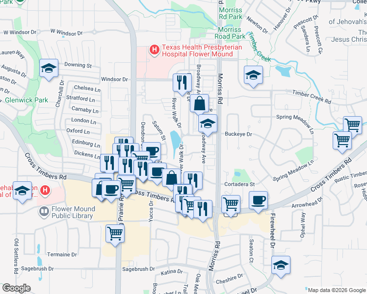 map of restaurants, bars, coffee shops, grocery stores, and more near 3900 River Walk Drive in Flower Mound