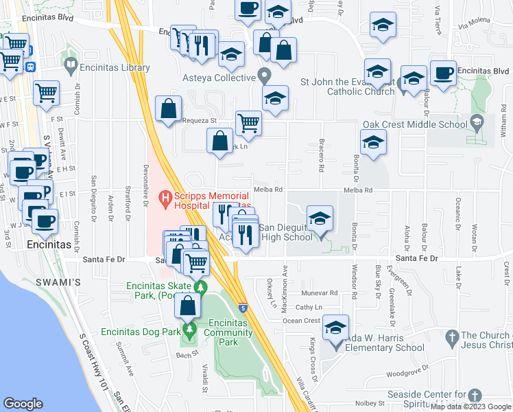 map of restaurants, bars, coffee shops, grocery stores, and more near 1045 Gardena Road in Encinitas
