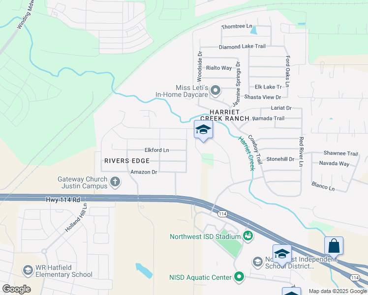 map of restaurants, bars, coffee shops, grocery stores, and more near 1449 Elkford Lane in Justin