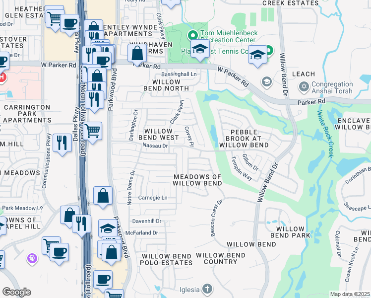 map of restaurants, bars, coffee shops, grocery stores, and more near 2725 Chambers Lane in Plano