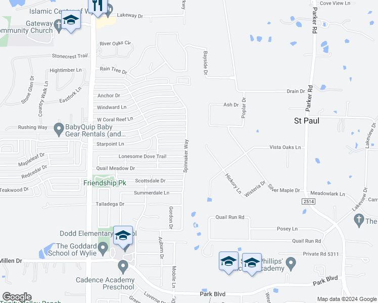 map of restaurants, bars, coffee shops, grocery stores, and more near 1723 Spinnaker Way in Wylie